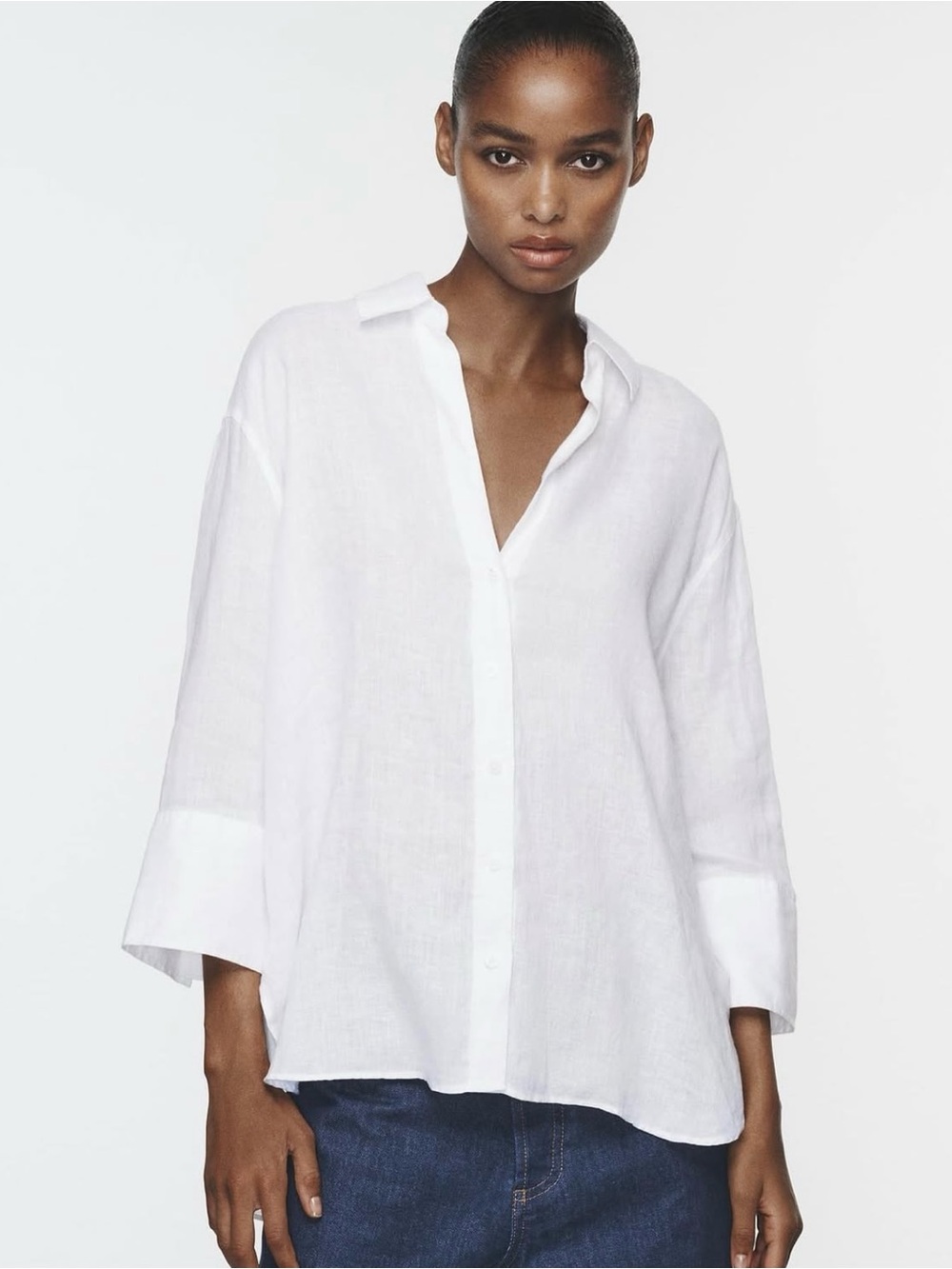 Zara 100% Linen Top White Button Down Medium V Neck Lightweight Summer Coastal